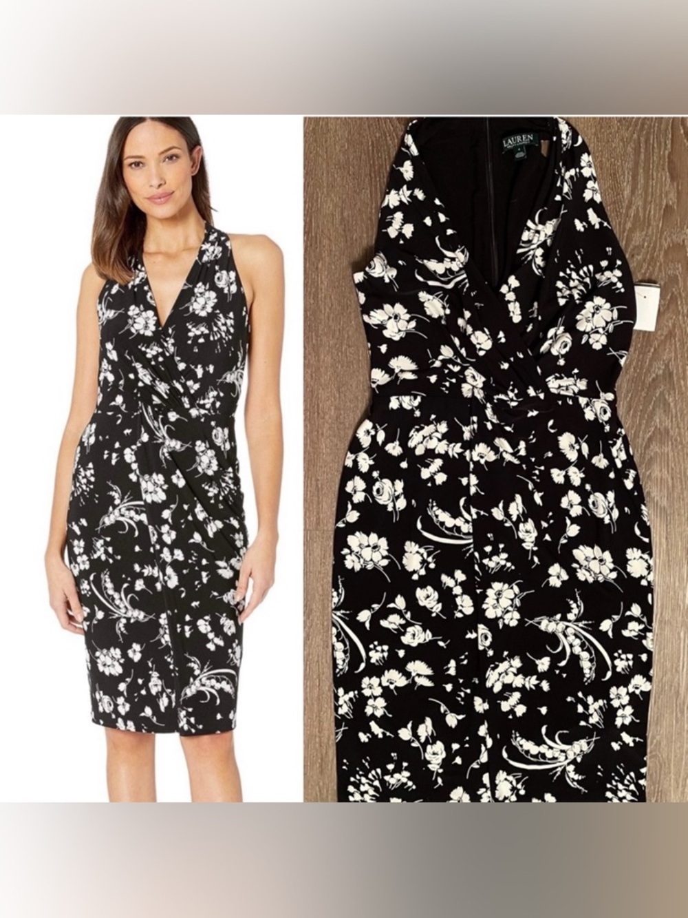 Lauren Ralph Lauren BlackWhite floral Jersey print faux wrap bodice dress size 4